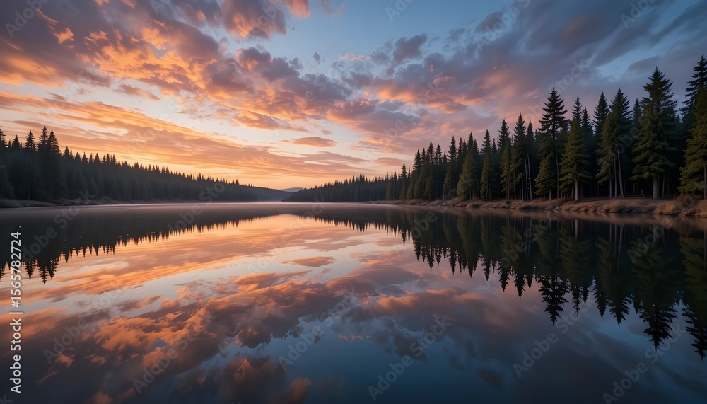 Fototapeta premium A calm lake reflecting surrounding pine trees and a colorful sunset sky, tranquil natural scenery