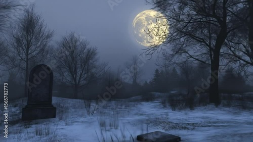 Eerie graveyard under luminous ghostly moon