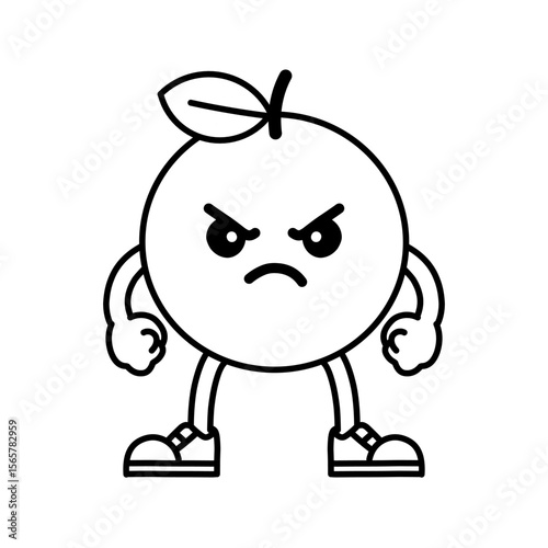 Orange fruit cartoon character sketch with angry expression clenched fist, orange icon, orange logo, great as sticker or emot.