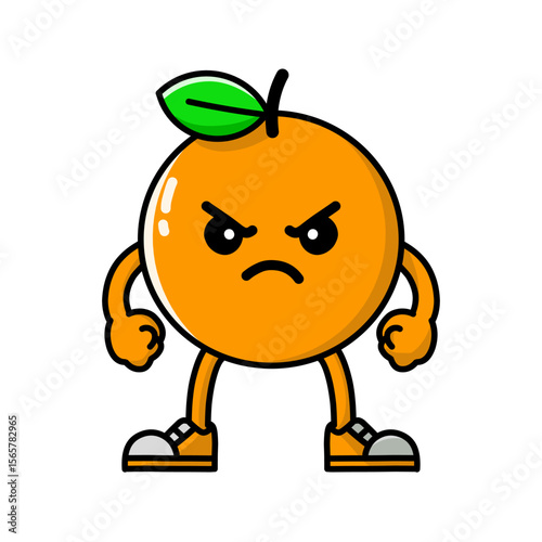 orange fruit cartoon character with angry expression clenched fist, orange icon, orange logo, great as sticker or emot.