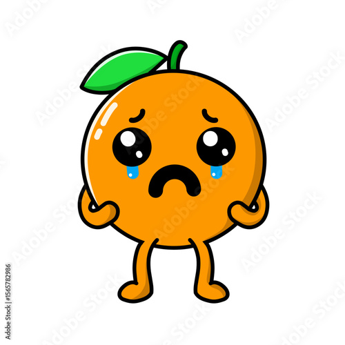 orange fruit cartoon character with sad crying expression, orange icon, orange logo, great as sticker or emot.