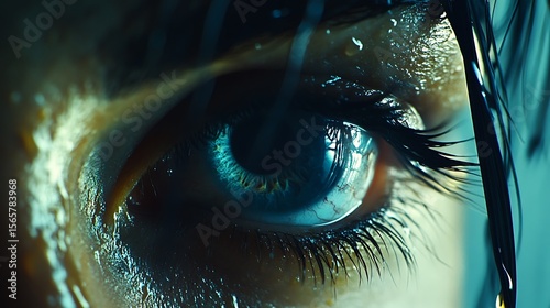 Closeup of a Human Eye with Raindrops with Dramatic, Cinematic, and Blue and Teal.