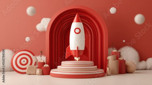 A vibrant red and white cartoon rocket ship is poised for launch on a tiered platform amidst a playful scene of s, clouds, and whical decorations.