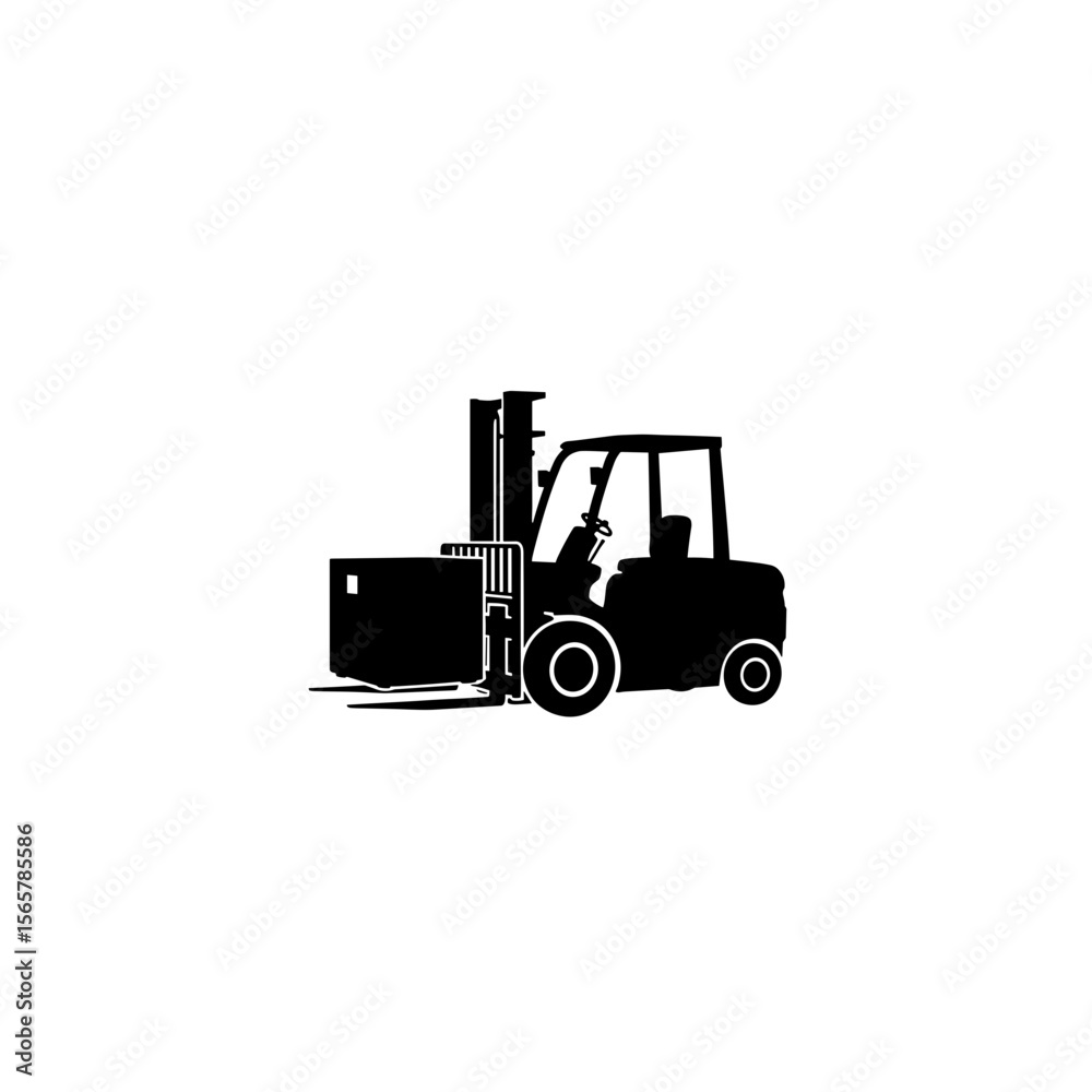 Fototapeta premium Silhouette of a forklift carrying a box with visible wheels and a driver seat in black and white style