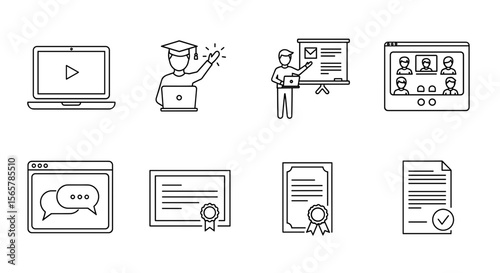 Icons representing online education elements such as video calls, certificates and presentations