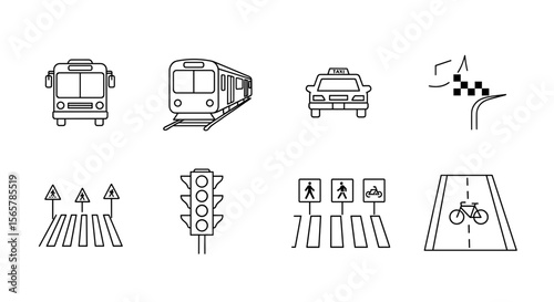 Illustration showcasing various modes of transportation and pedestrian safety infrastructure elements depicted