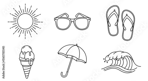 Collection of summer themed line art icons including sun sunglasses flip flops ice cream umbrella and wave