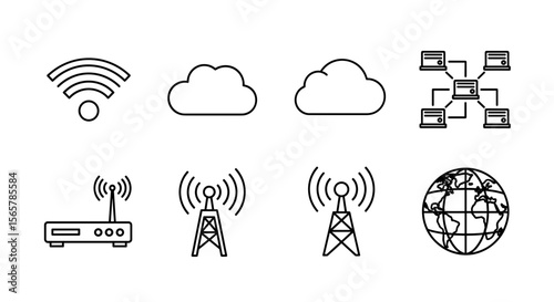 Illustration of network symbols including wifi clouds servers router towers and a globe icon design