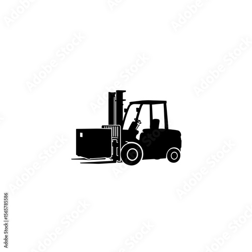 Silhouette of a forklift carrying a box with visible wheels and a driver seat in black and white style