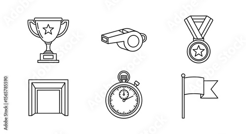 Illustration of a trophy, whistle, medal, doorway, stopwatch, and flag in black and white outline