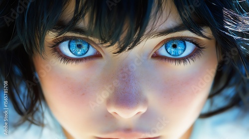 Closeup of captivating blue eyes gazing intensely at the viewer with digital art.