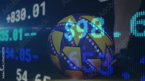 Financial data overlays shifting over ball to illustrate trends as black cleat approaching for kick