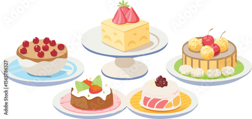 A collection of delectable cake designs, perfect for dessert menus, birthday cards, or bakery logos, featuring variety and appealing sweets.