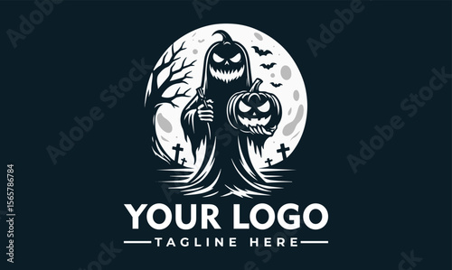Spooky figure holding a pumpkin in front of a full moon with bats and a graveyard.