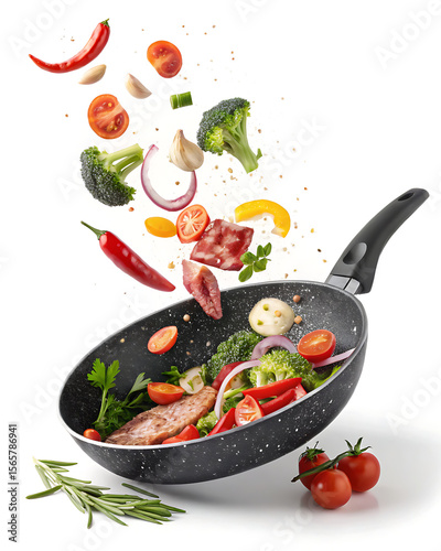 A frying pan with meat and vegetables falling into it on a white background in a studio shot