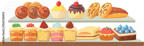 Delightful bakery shelves present an array of sweet pastry treats, cakes, and delicious desserts, perfect for cafe or restaurant branding and menus.