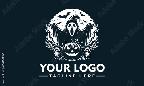 Spooky Halloween design featuring a ghost, pumpkin, bats, and moon, perfect for logos.