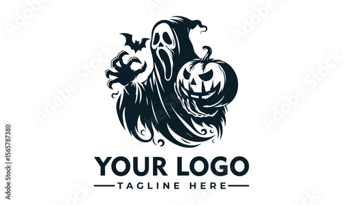 Spooky ghost figure holding a carved pumpkin with a bat flying above, presented as a logo or graphic.