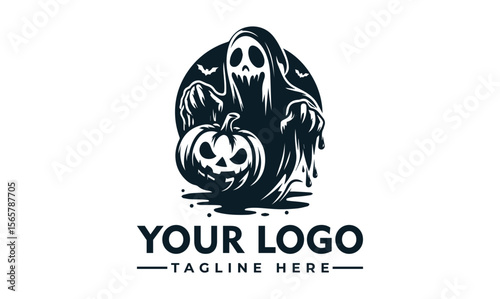 Spooky black and white illustration of a ghost holding a carved pumpkin.
