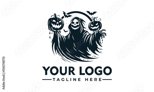 A grim reaper logo design, featuring a dark silhouette figure holding jack-o'-lanterns, set against a white background.