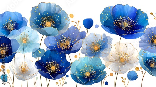 Elegant Blue and White Poppies with Gold Accents Illustration for Decorative Use