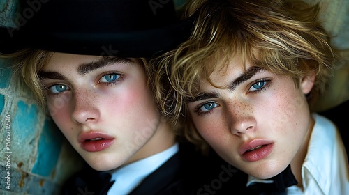 Closeup portraits of young men with striking blue eyes with artistic style.