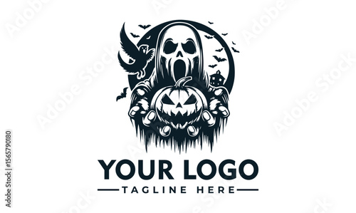 A screaming skull figure presents a carved pumpkin against a spooky Halloween backdrop, ideal for a logo.