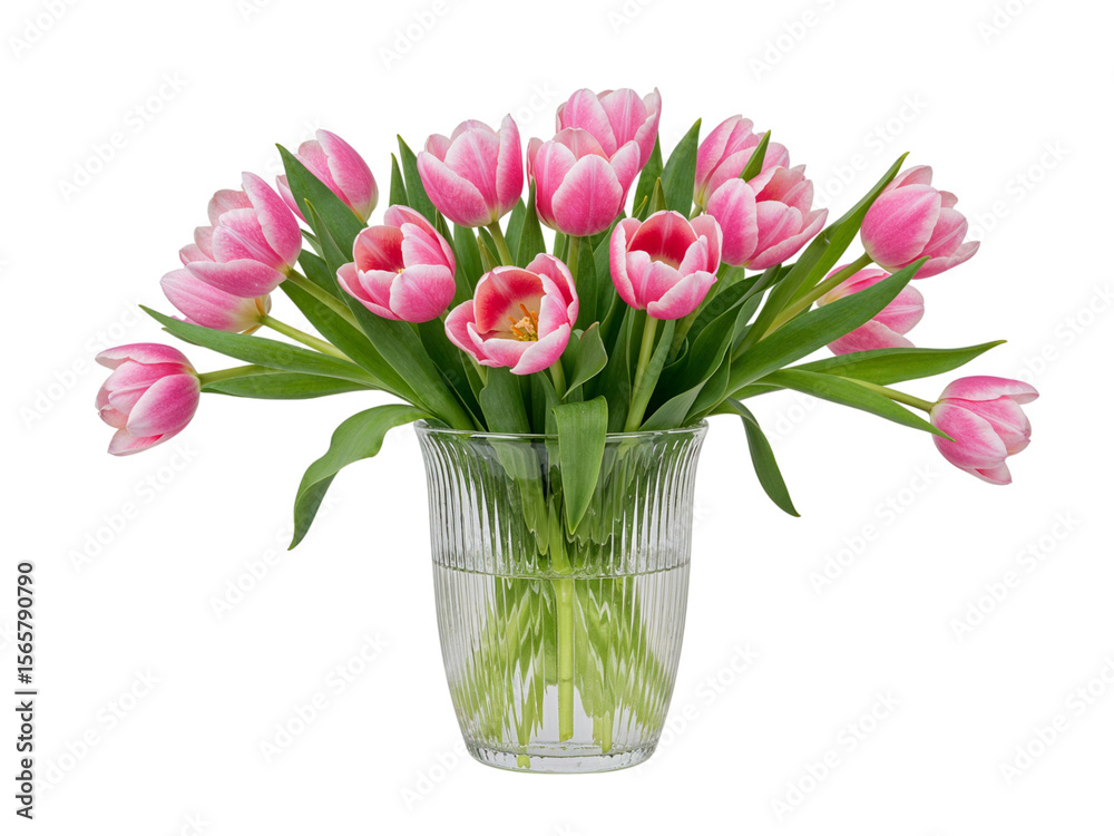 Fototapeta premium Beautiful bouquet of pink tulips in a clear glass vase with water isolated on transparent background