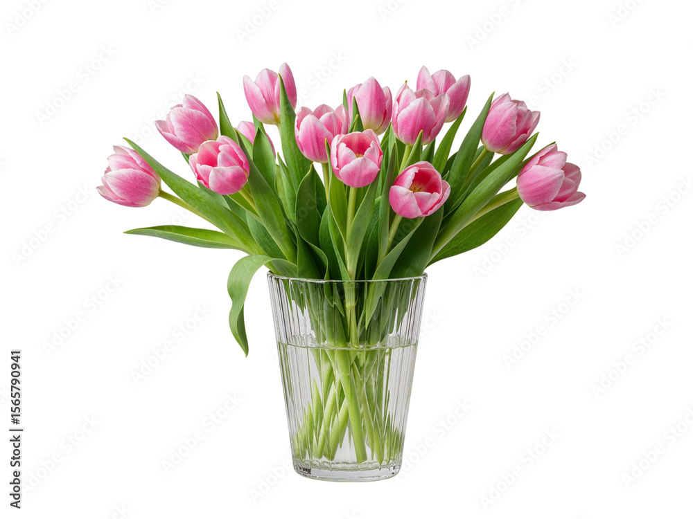 Fototapeta premium A beautiful bouquet of pink tulips in a clear glass vase isolated on transparent background
