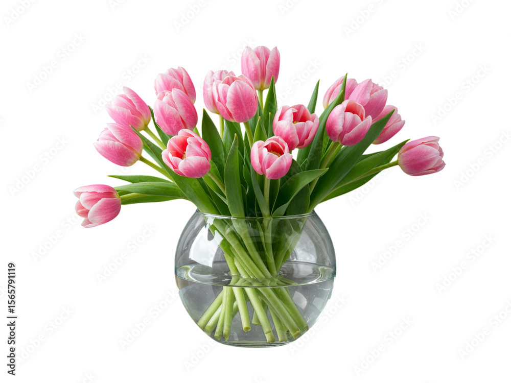 Fototapeta premium A beautiful bouquet of pink tulips in a clear glass vase isolated on transparent background