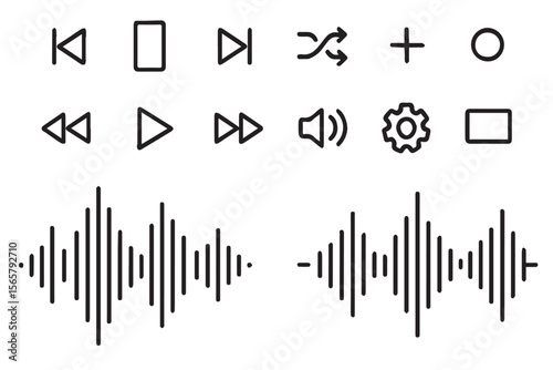 Minimalist media interface icons play, pause, rewind, forward, shuffle, volume, settings, and soundwave for digital applications