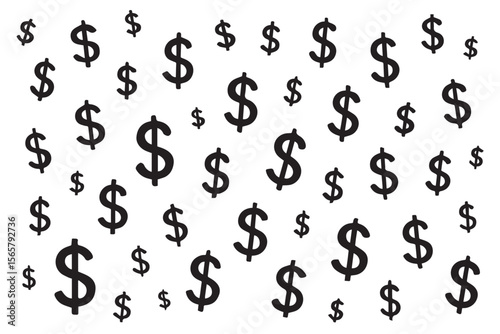 Abstract pattern of dollar signs floating in different sizes, representing money, wealth, and financial growth in a creative and lively way