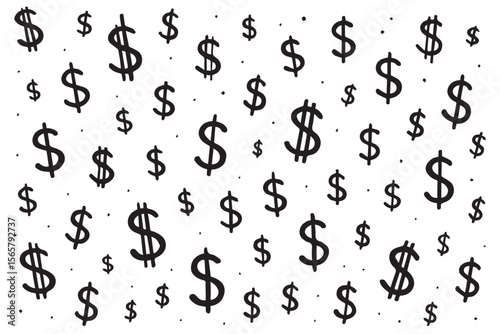 Collection of dancing dollar signs in various sizes, symbolizing wealth, financial success, and prosperity in a playful, dynamic design