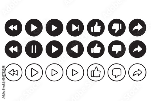 Icon set with monochrome media controls including play, pause, rewind, forward, like, dislike, and share buttons for UI/UX design