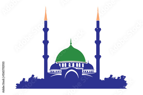 Detailed architectural illustration of a grand mosque with intricate islamic geometric patterns and minarets