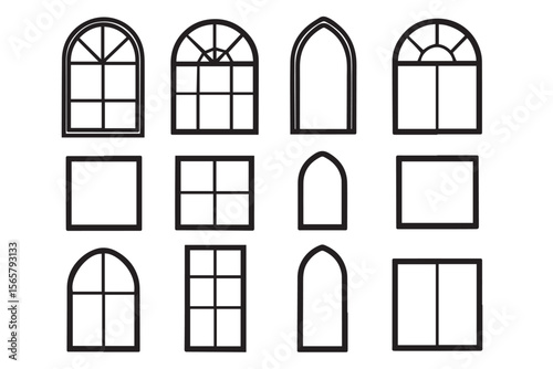 Set of various window designs including arched, rectangular, and square shapes, showing different frames and glass patterns for architectural illustration