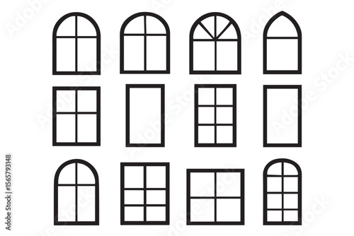 Collection of window frames with diverse shapes such as arched, rectangular, and square, showcasing unique glass structures and architectural style