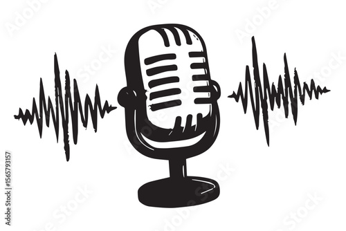 Vintage microphone with soundwave illustrations, symbolizing music, recording, or podcasting, capturing the essence of audio and broadcasting
