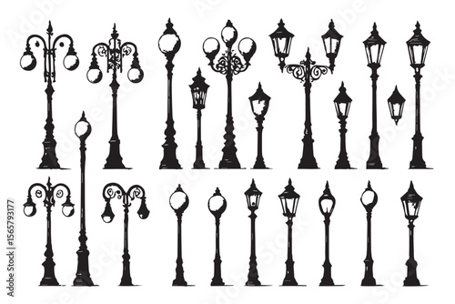 Diverse collection of vintage lamppost designs featuring various styles of streetlights, including single and multiple bulb configurations with elegant frames