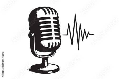 Retro microphone with soundwave patterns, representing sound, voice recording, broadcasting, or audio waves in a creative illustration
