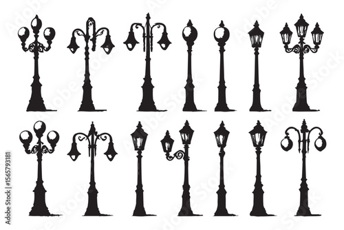 Variety of artistic lamppost illustrations with different designs and multiple light fixtures, showcasing different shapes and details of street lighting