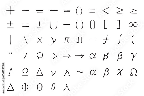 A collection of mathematical symbols and characters, including operators, Greek letters, and set notations, ideal for mathematics and science related designs