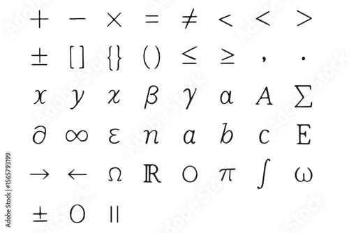 Mathematical symbols and equations, featuring various operators, Greek alphabet, and logical symbols, perfect for academic or educational themes