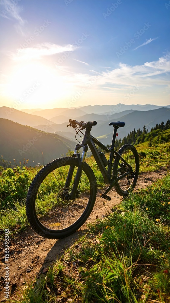 Fototapeta premium Mountain Bike on a Scenic Trail with Majestic Mountain Views at Sunset