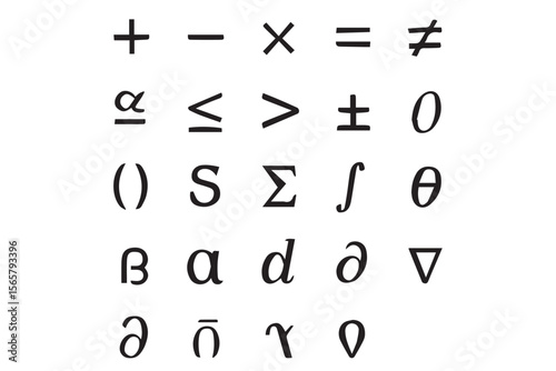 A collection of mathematical symbols, operators, and Greek letters, ideal for academic or scientific contexts, displayed in a clean and organized design