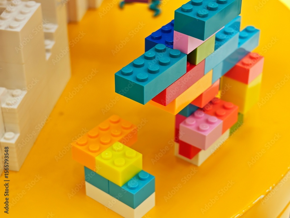 Obraz premium Apr 10, 2025 - Hong Kong: Stacked colorful LEGO bricks on vibrant yellow surface in Hong Kong lego shop.
