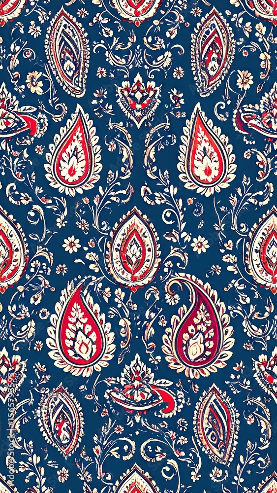 Fototapeta premium Repeating Paisley Pattern in Jewel Tones with Red and White Elements on Dark Blue Background