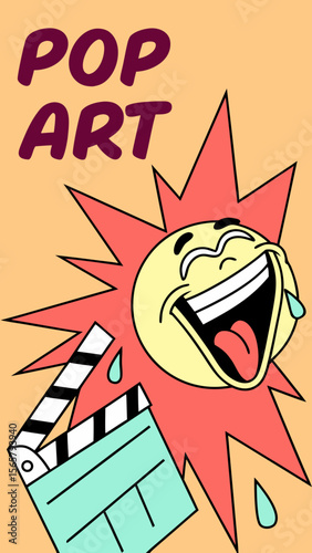 Pop art style thumbnail for short video with explosive text field and laughing emoji