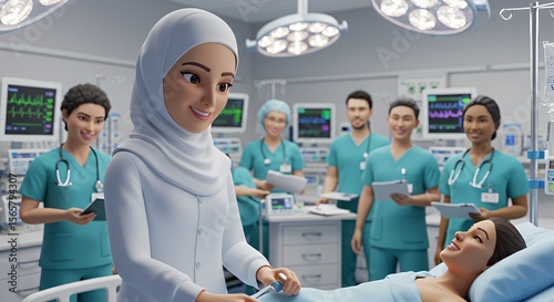 Compassionate female doctor attends to a patient in a modern hospital operating room, surrounded by a supportive medical team.