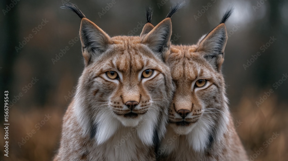 Obraz premium Two lynx faces in woodland setting